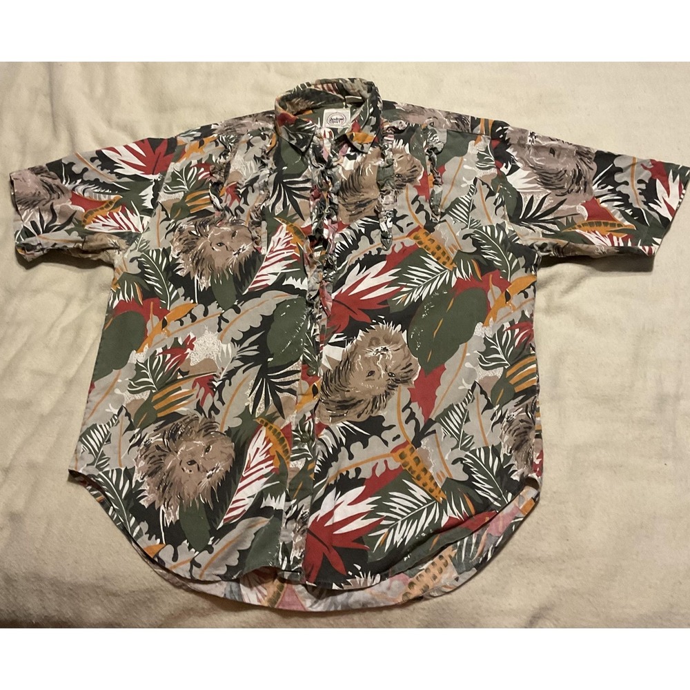 Vintage Andrew Sport Womens Medium Multicolor Safari Lion Ruffle Buttonโ 90s